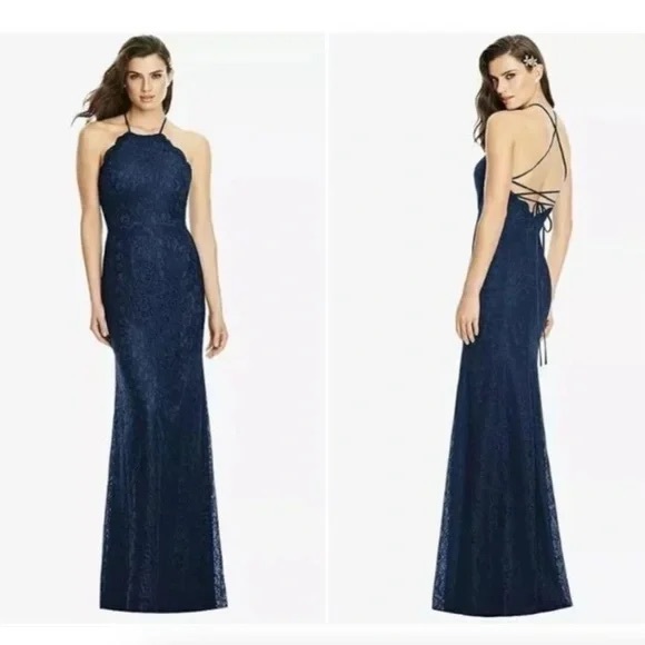 Dessy Halter Lace Trumpet Gown Midnight Size 12 NWT